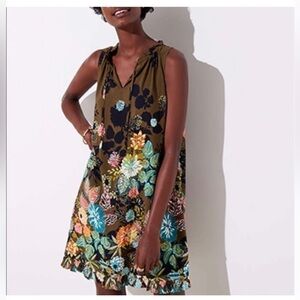 LOFT floral olive green swing sleeveless dress